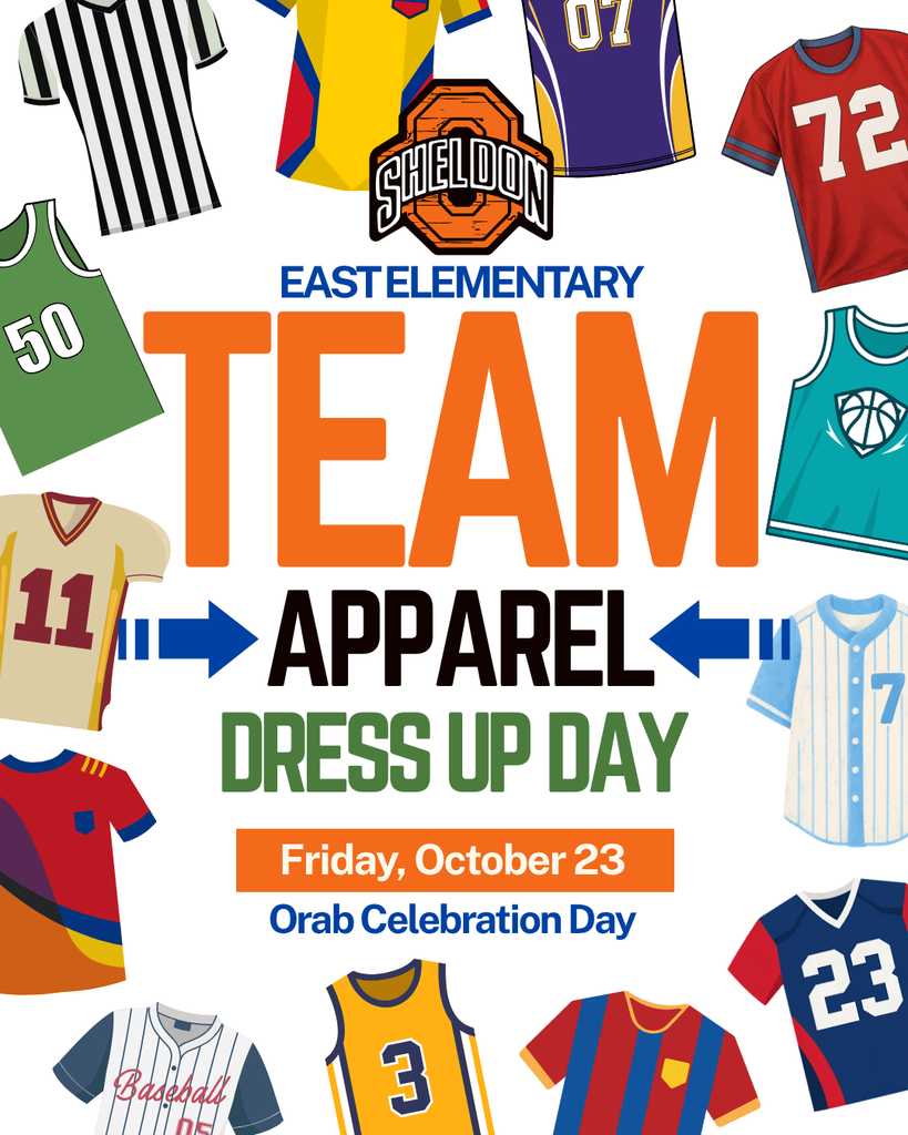 🏈🏐 REMINDER, East Elementary Families! ⚾🏀 Friday, October 23, is Orab Celebration Day! 🎉 East Elementary students are encouraged to wear their favorite sports-themed apparel to show their team spirit and celebrate our Orabs! Let’s see that Orab pride! Go Orabs!
