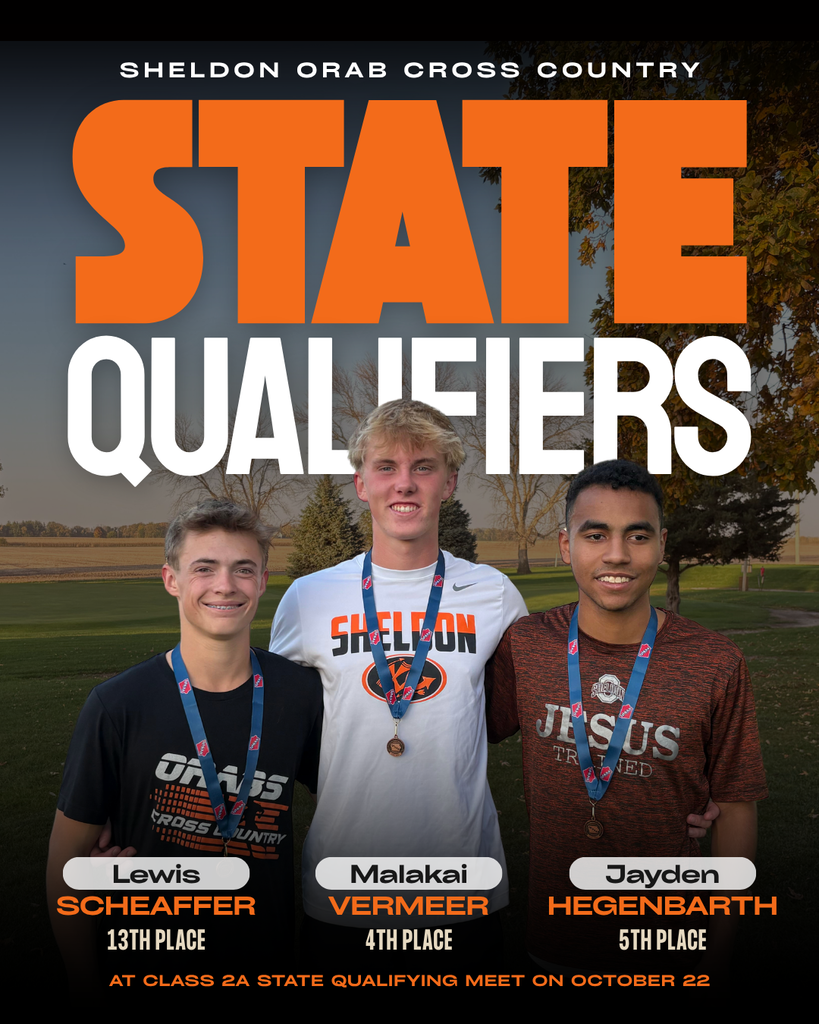 CONGRATULATIONS, ORAB STATE QUALIFIERS!  What a great day for Sheldon Boys Cross Country! The Orabs competed today, Thursday, October 22, at the Class 2A SQM 1 meet in Eagle Grove, and our runners delivered outstanding performances!  🏅 Sheldon Results: • Malakai Vermeer – 4th Place • Jayden Hegenbarth – 5th Place • Lewis Scheaffer – 13th Place  Congratulations to these athletes on a fantastic season and earning their place among Iowa's best! Next stop: STATE!   📅 Class 1A & 2A State Meet: Friday, October 30, 2026