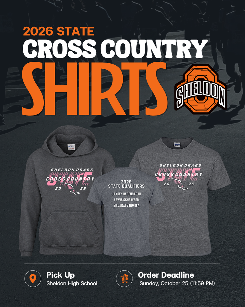STATE CROSS COUNTRY SHIRTS ARE HERE TO ORDER!  Show your Orab pride and get your State XC shirt ordered!   💻 ORDER LINK: https://sheldonhsstatexc2026.itemorder.com/ 📅 DEADLINE:  Sunday, October 25 at 11:59 pm  Be sure to get your order in on time so shirts can arrive in time for State Cross Country next Friday! Shirts will be available to pickup at the high school next Wednesday or Thursday. Let’s Go, Orabs! 