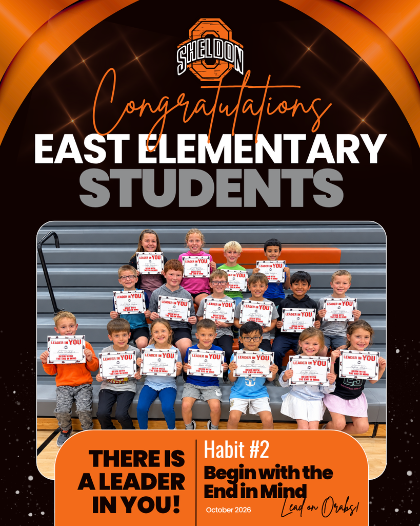 🏆🌟 THERE IS A LEADER IN YOU! 🌟🏆  This school year at East Elementary, students are learning about positive habits that can help them grow into confident, responsible leaders.  📚 OCTOBER - HABIT #2: BEGIN WITH THE END IN MIND 📚 Our Orabs are learning to think ahead, set goals, and make choices that help them build a bright future!  Habit #2 means: I plan ahead. I set goals. I think about my future.  look for ways to be a good citizen.  Congratulations to our October award winners! We are so proud of the way you are showing leadership each and every day! Keep up the amazing work, Orabs!