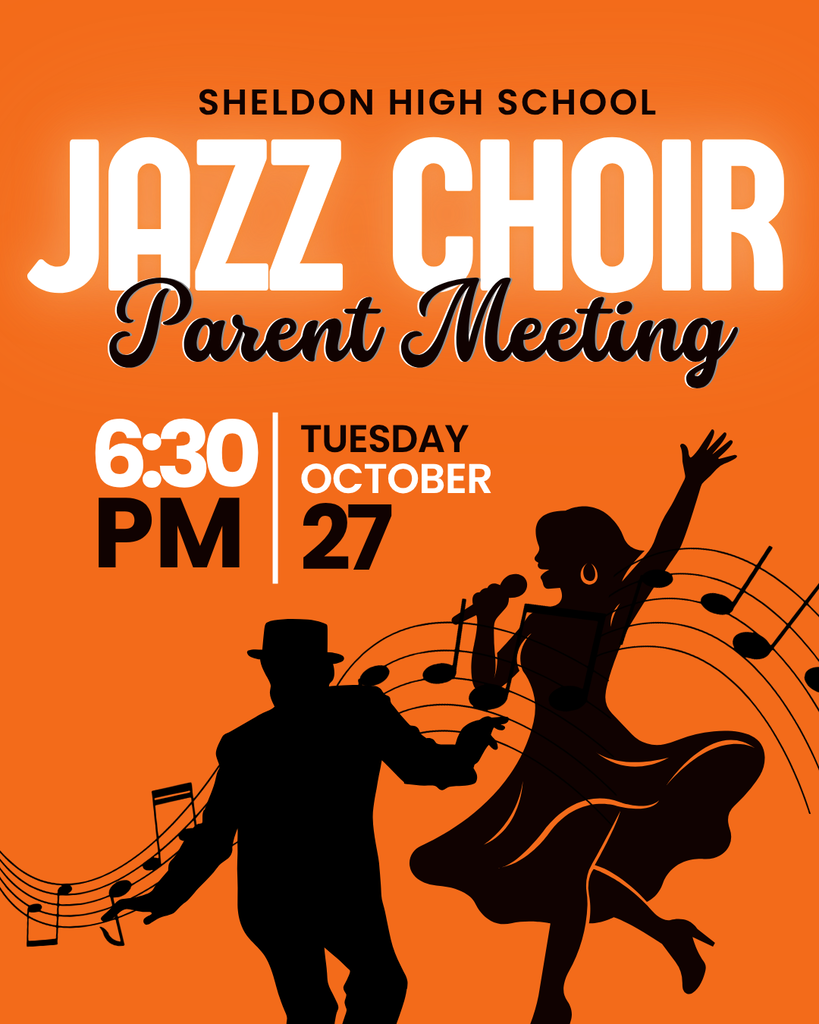 🎶 Parent Jazz Choir Meeting 🎶  📅 Tuesday, October 27 ⏰ 6:30 pm 📍 Sheldon High School   We’re looking forward to connecting with parents to discuss details regarding the upcoming jazz choir season.
