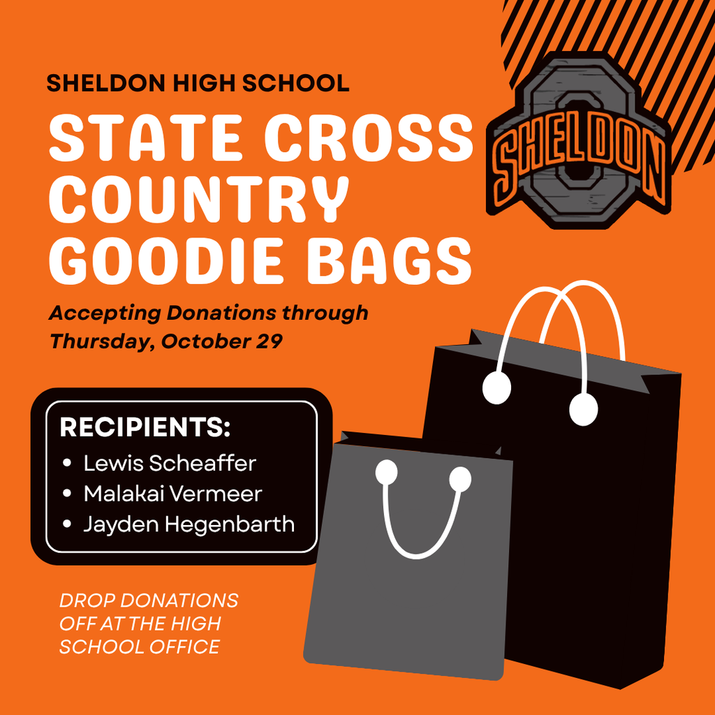 HELP SEND OUR ORABS TO STATE! Let’s show our Sheldon boys some support as they get ready to compete at the State Meet on Friday! We’re collecting goodies for the guys heading to State Cross Country. Donations can be dropped off at the Sheldon High School office through Thursday, October 29. Thank you for helping us support our Orabs and cheer them on as they represent Sheldon! Go Orabs!