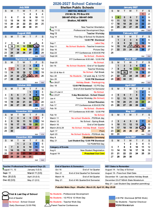 Shelton Public Schools 2026-2027 District Calendar