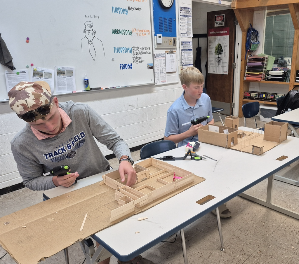 Students using craft materials to build animal facilities