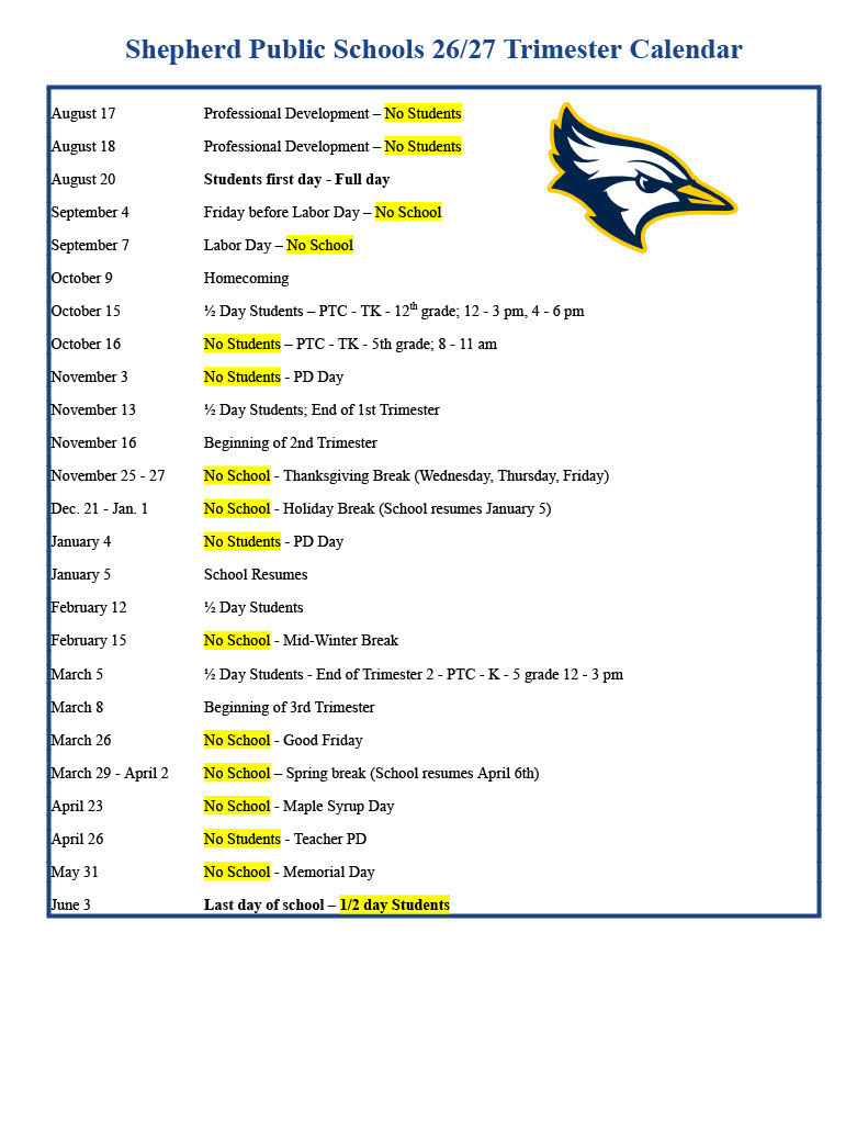 Shepherd Public Schools 26/27 Trimester Calendar