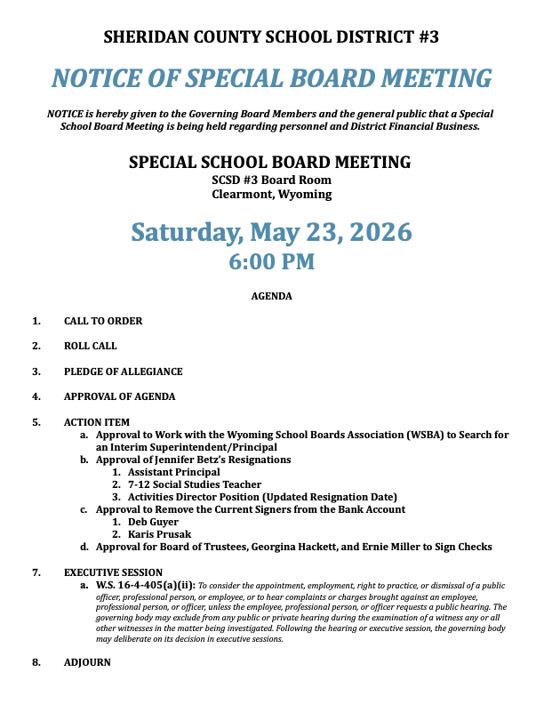 Notice of Special Board Meeting & Agenda 5-23-26 6PM