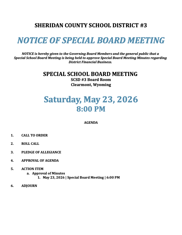 NOTICE OF SPECIAL BOARD MEETING & AGENDA 5-23-26 8:00 PM