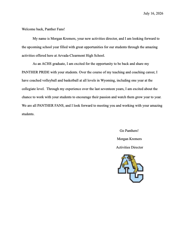 Activities Welcome Back Letter