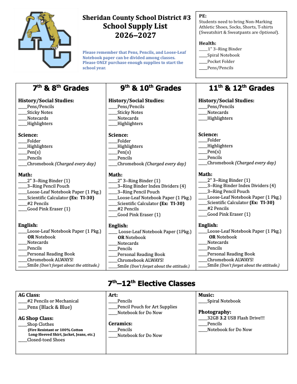 7-12 School Supply List for 2026-2027