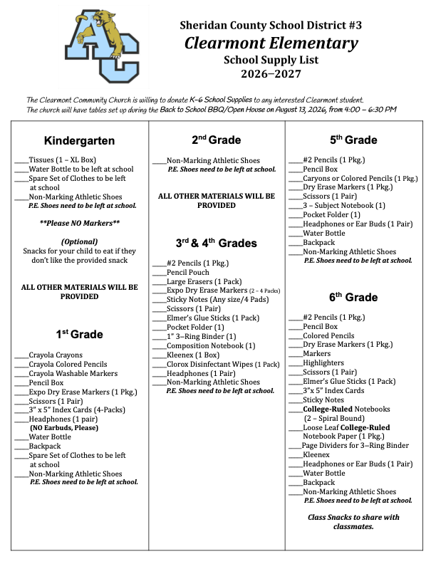 K-6 School Supply List for 2026-2027