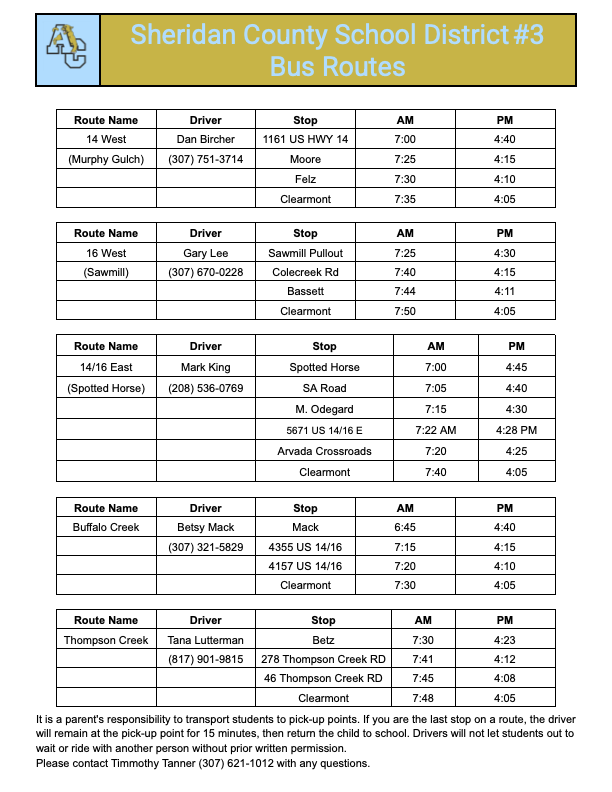 2026-2027 SCSD #3 Bus Schedule