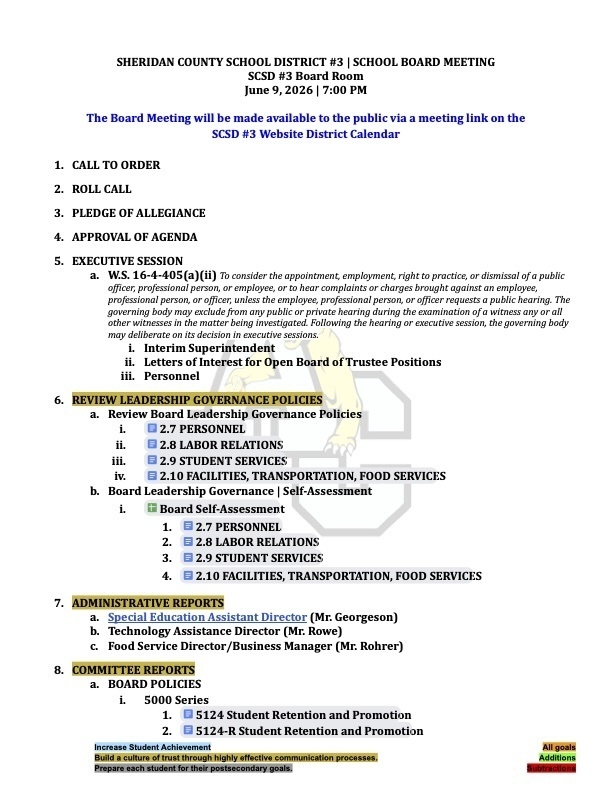 June 9 & 10, 2026, Board Meeting Agendas