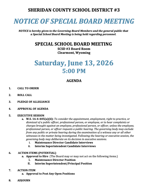 June 13, 2026, Notice of Special Board Meeting & Agenda