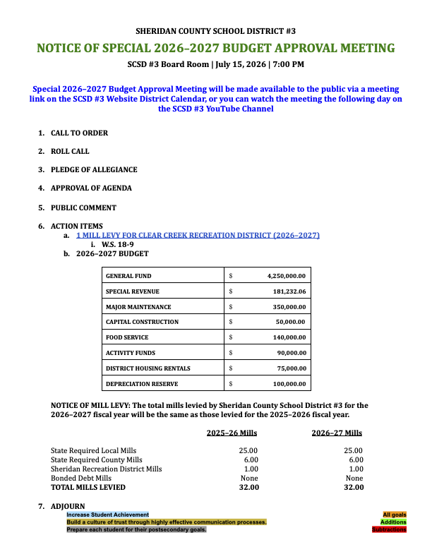 NOTICE OF JULY 15, 2026, SPECIAL BUDGET APPROVAL MEETING & AGENDA