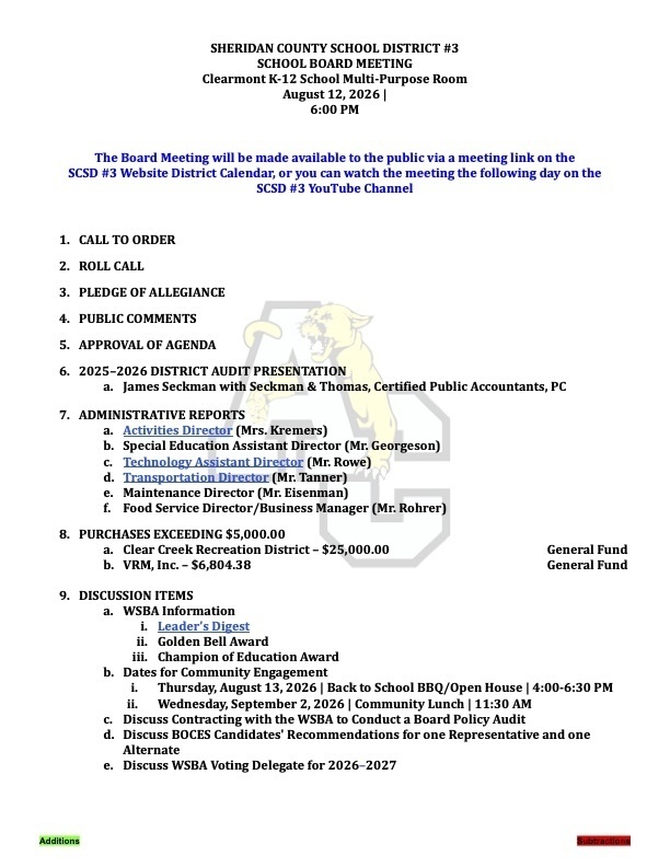 August 12, 2026, Board Meeting Agenda