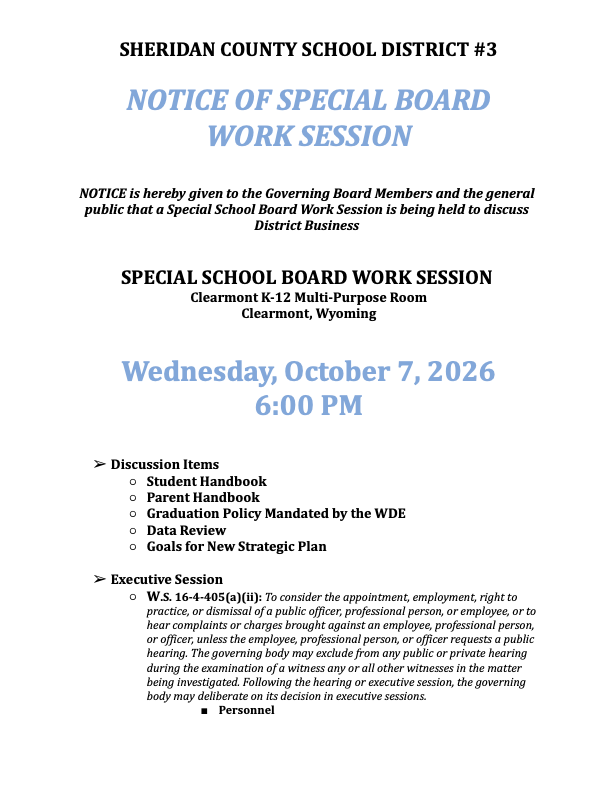 Notice of Special Board  Work Session 10-7-26