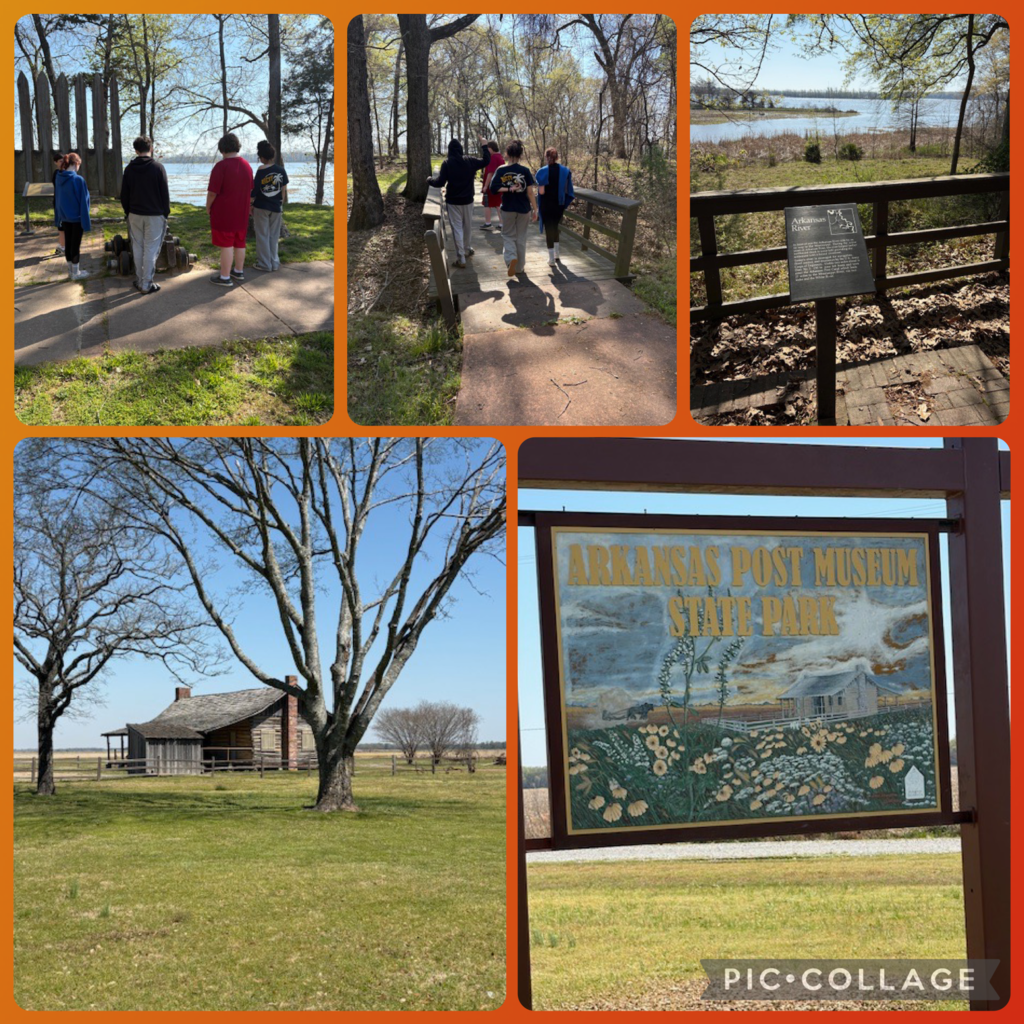 pic collage of students visiting Arkansas Post