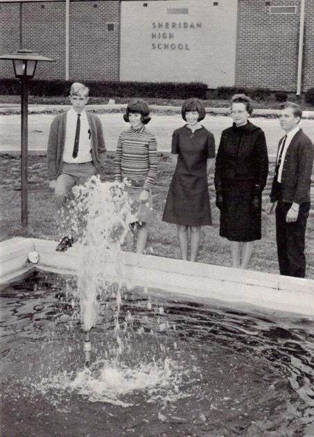 Sheridan High School Students in 1963 stand around fountain
