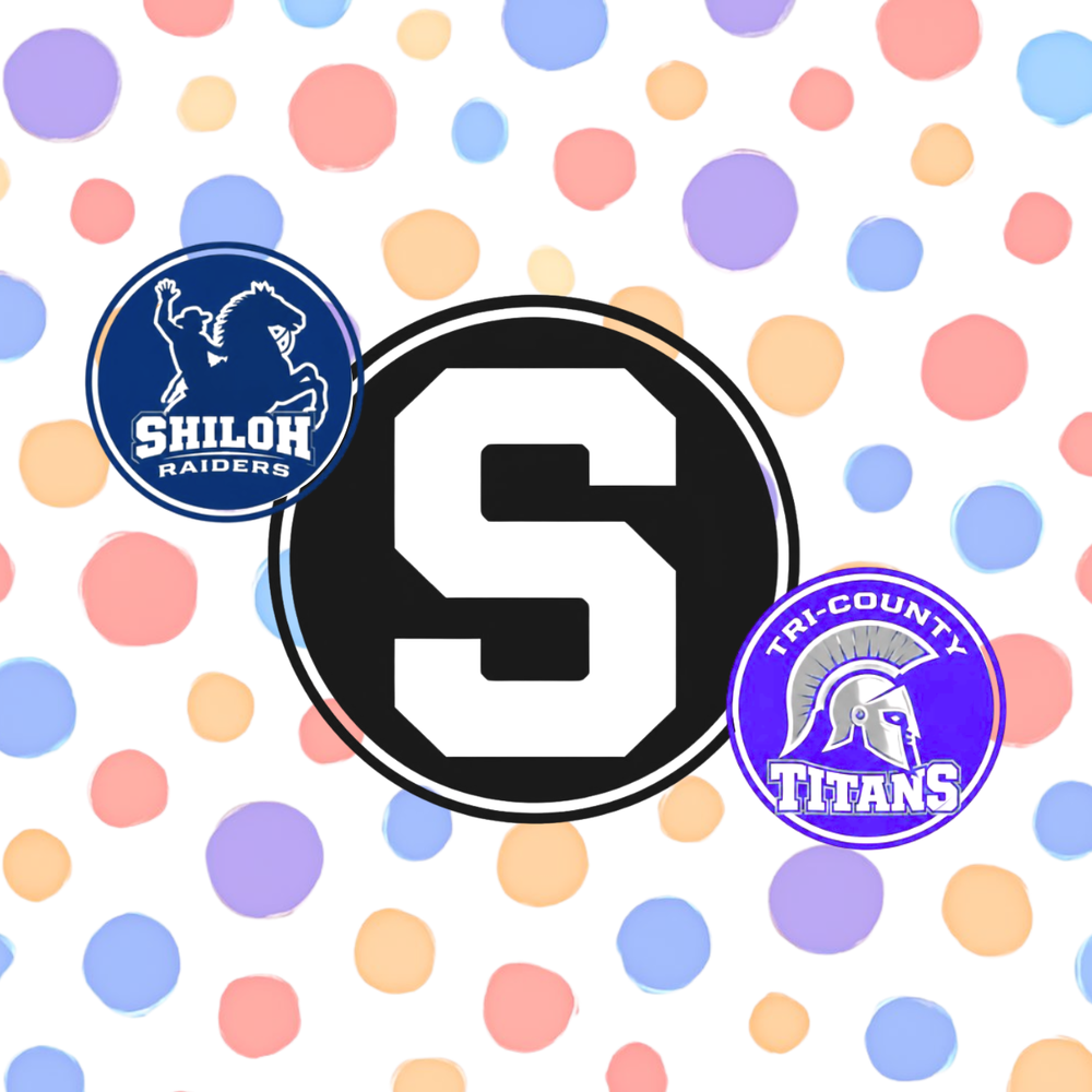 Shiloh S logo in the middle with small colorful circles in the background. There is also a circle with the Shiloh Raiders mascot as well as one for Tri-county Titans.
