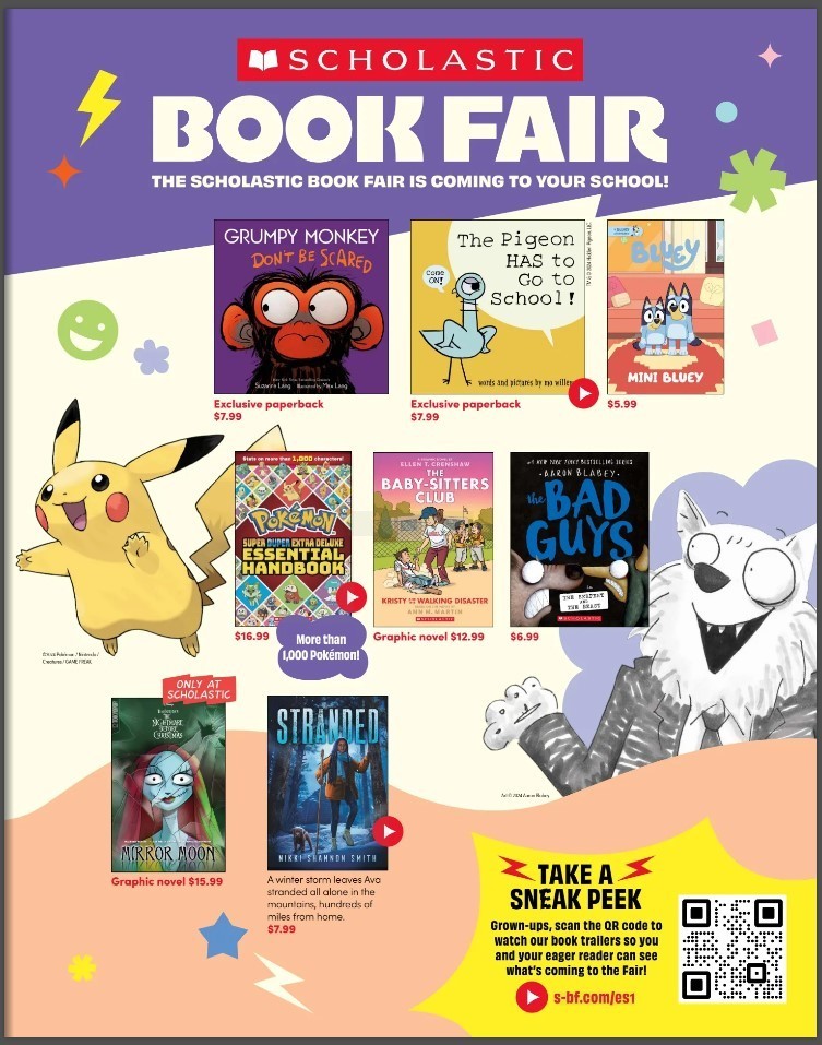 Scholastic Book Fair Preview flyer for book fair that is November 11 to November 15