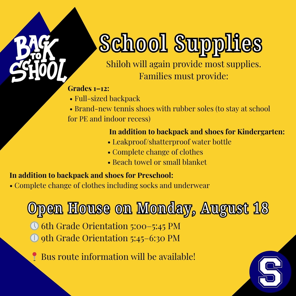 Shiloh Schools supplies and open house for August 2025