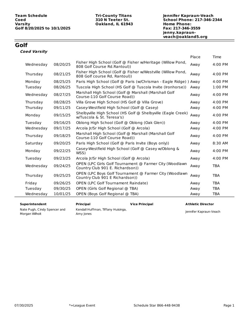 HS Golf Schedule