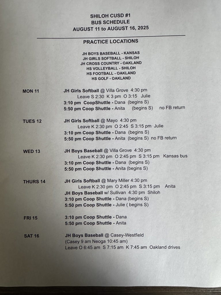 Bus Schedule 8/11-8/16/25