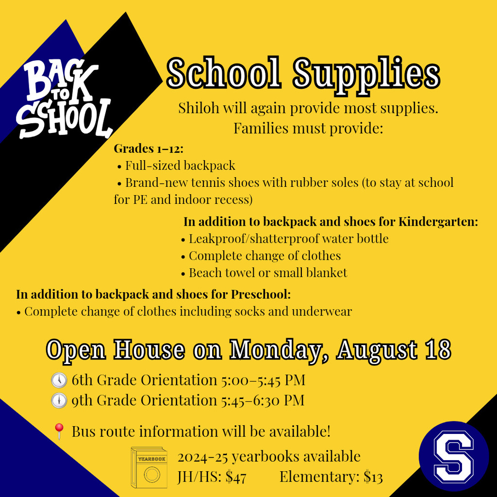 Shiloh School supplies and open house on August 18, 2025