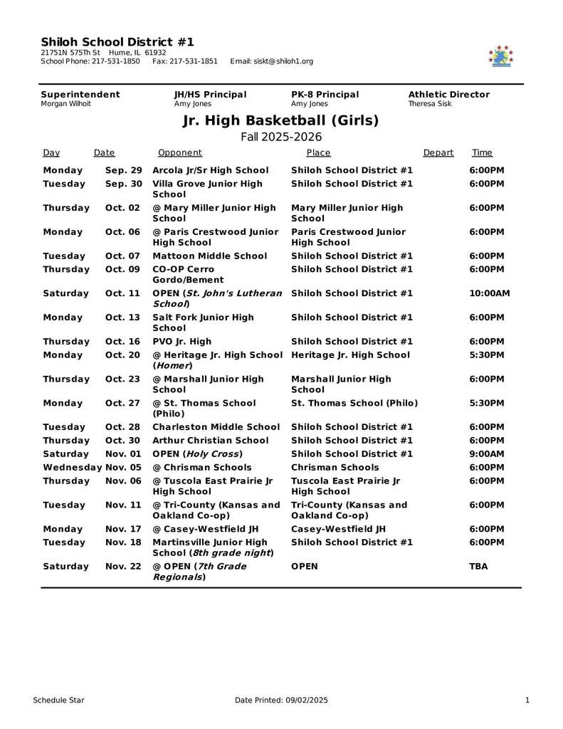 JH Girls Basketball Schedule