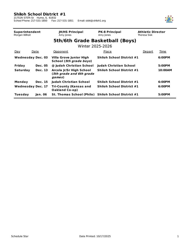 Picture of 5th/6th Grade Boys Basketball Schedule