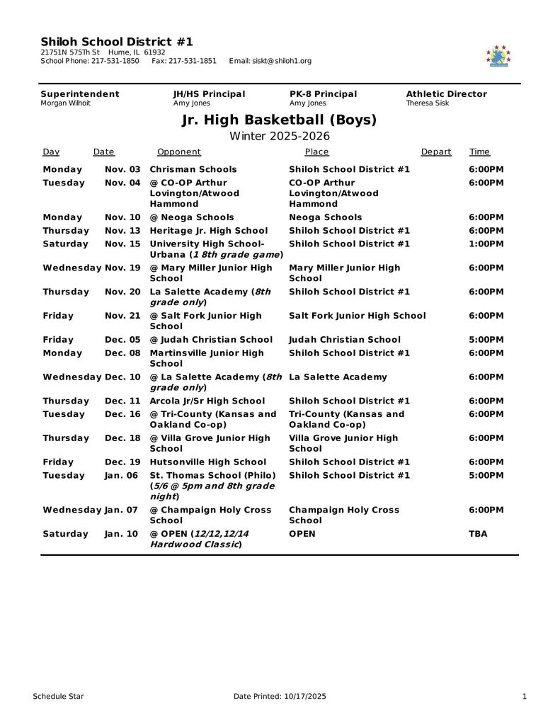 Picture of Jr. High Boys Basketball Schedule