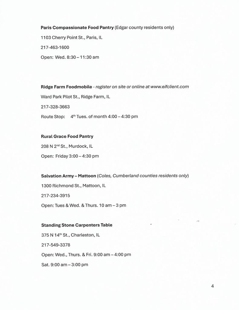 Food bank and pantry list for Coles, Douglas, and Edgar Counties