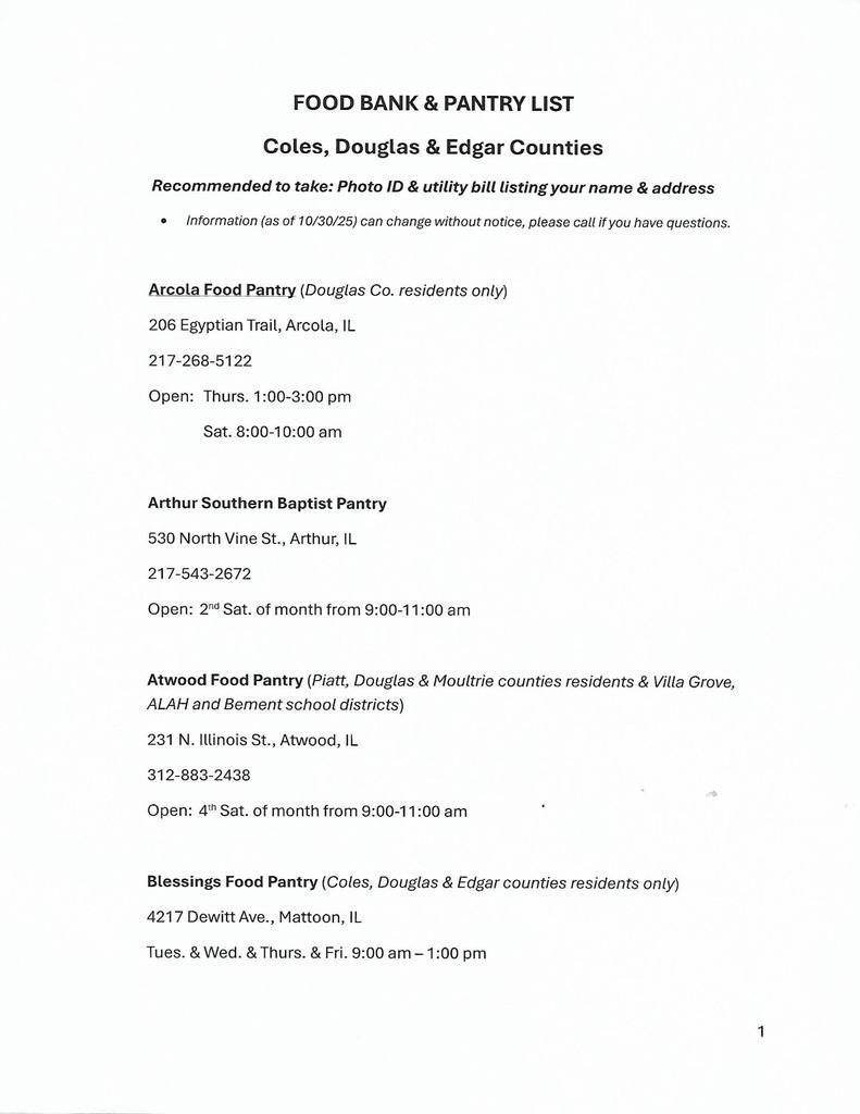 Food bank and pantry list for Coles, Douglas, and Edgar Counties