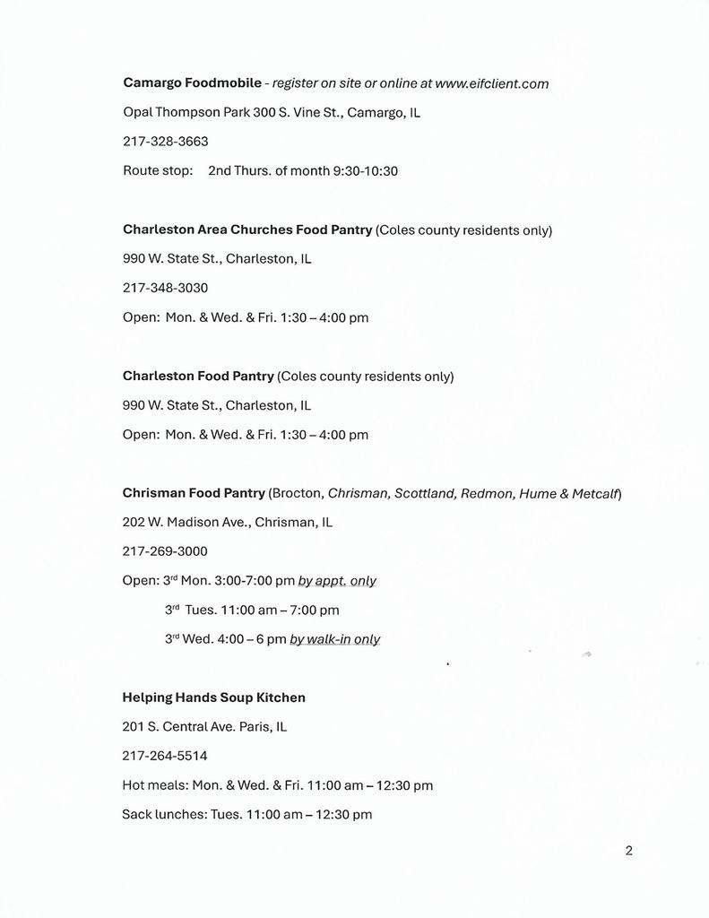 Food bank and pantry list for Coles, Douglas, and Edgar Counties