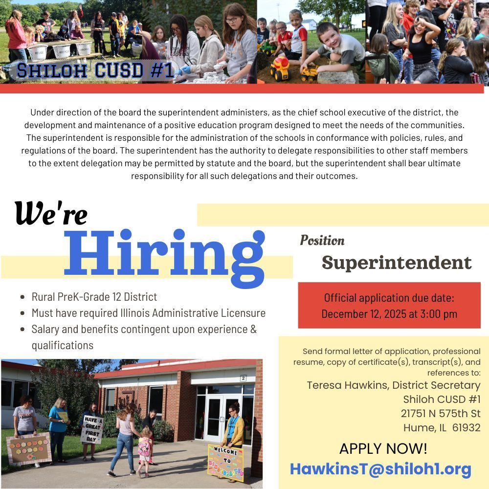 Position announcement for 2026-2027 Shiloh Superintendent