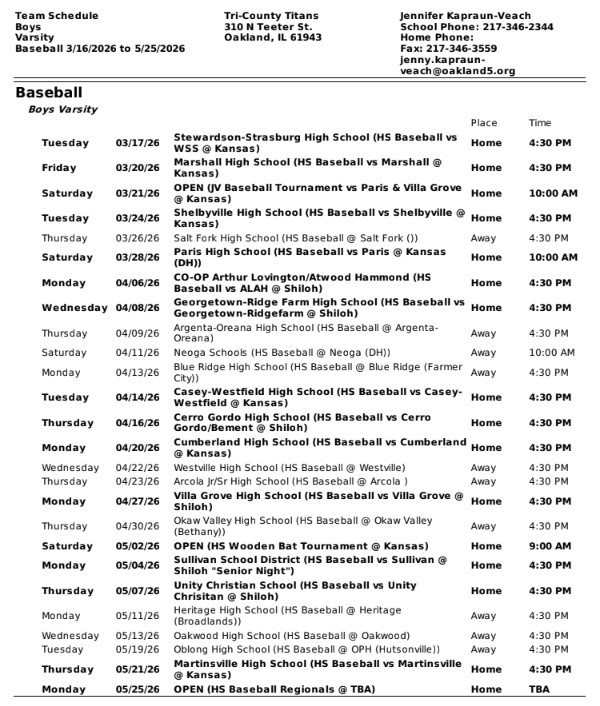 2026 Boys Varsity Baseball schedule