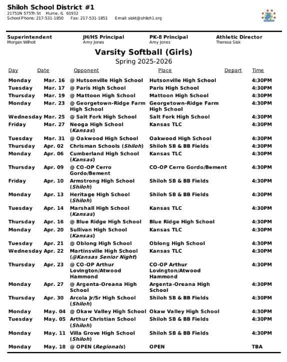 2026 Girls Varsity Softball schedule