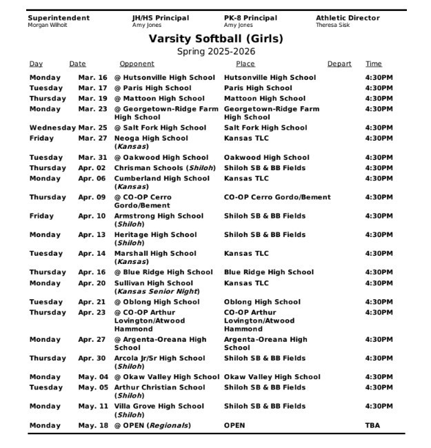 2026 Girls Varsity Softball schedule updated on February 23, 2026