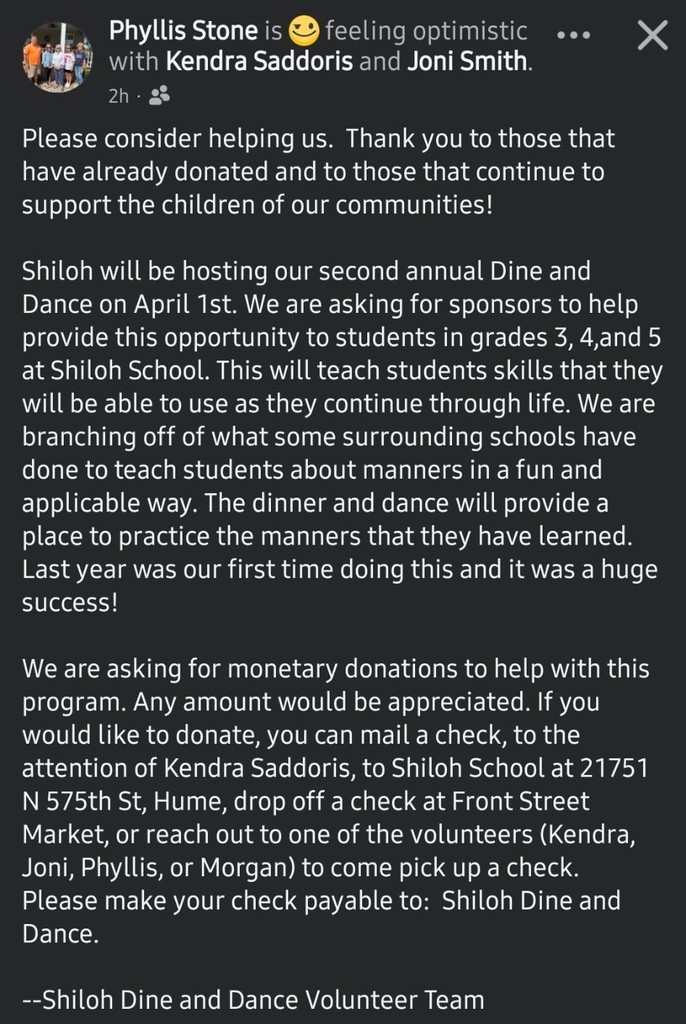 Request for donations to host Shiloh's Second Annual Dine and Dance