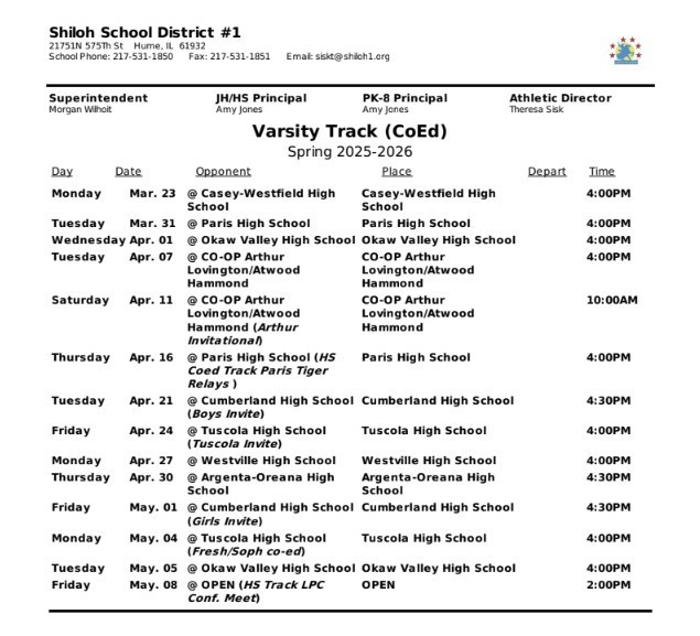 Varsity track schedule 2025-2026