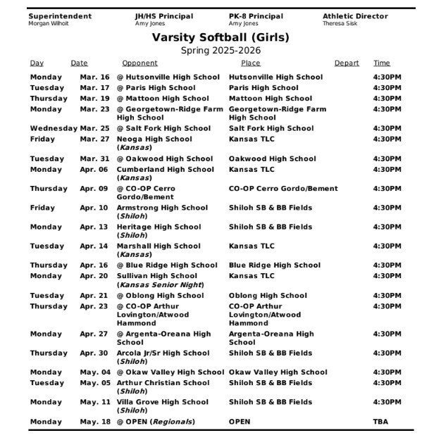 Varsity softball schedule 2025-2026 update #3