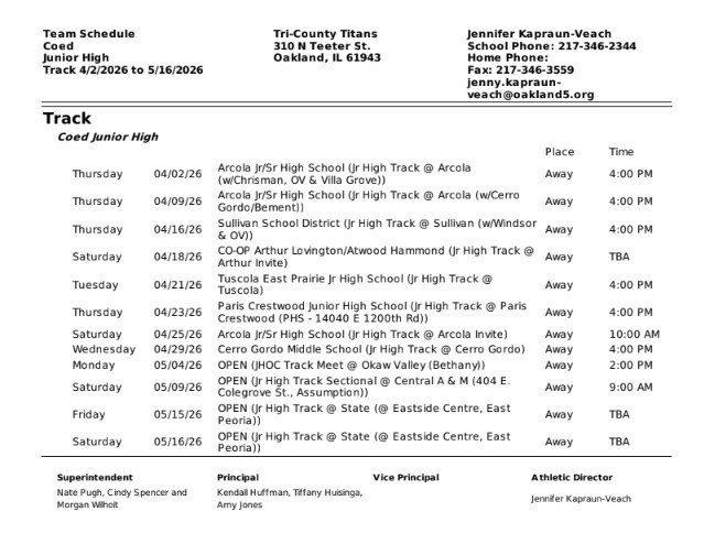 2025-2026 Coed Junior High Track schedule