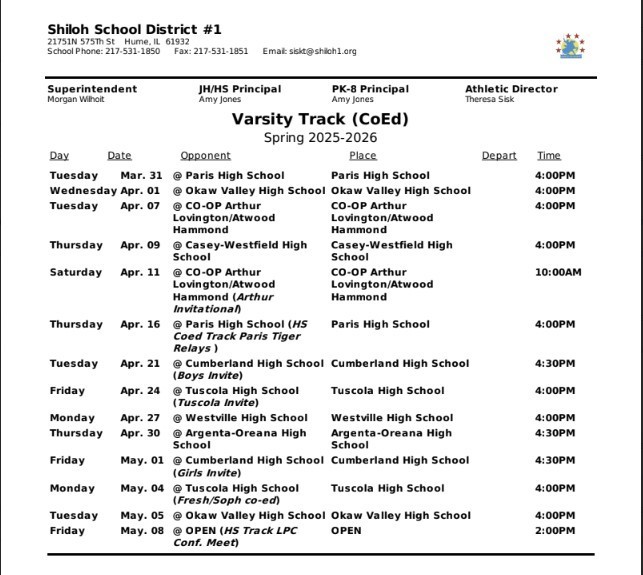 Varsity track schedule 2025-2026 (updated March 17, 2026)