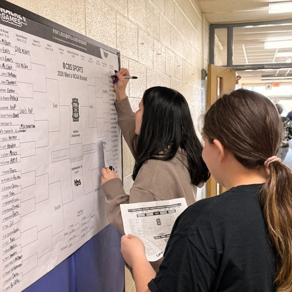 images of seniors filling out March Madness brackets