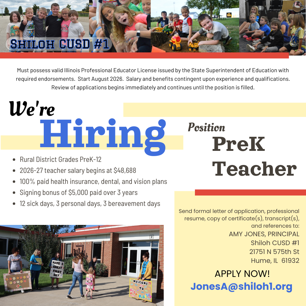 PreK teacher needed at Shiloh for 2026-2027 school year