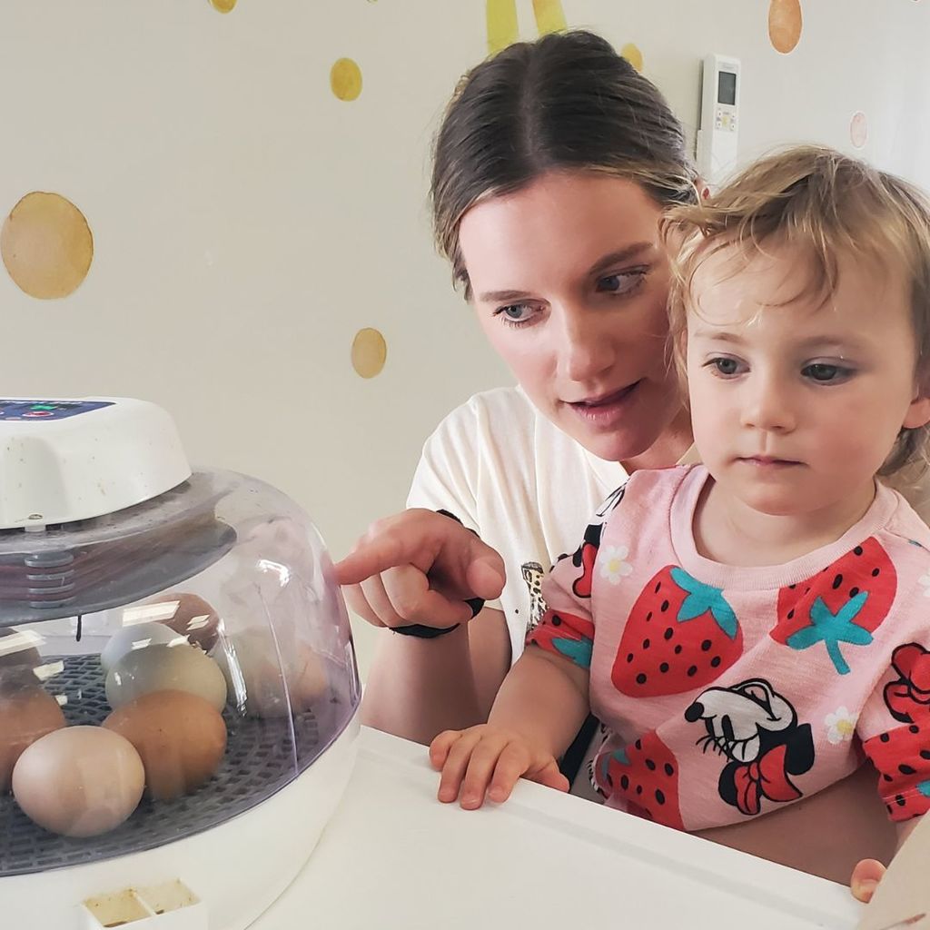 Families and children at PIP group connection in April 2026 observing and interacting with eggs and baby chicks