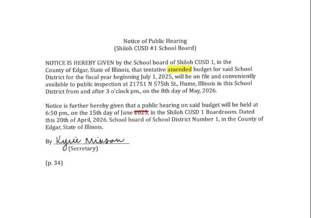 Notice of public hearing on amended budget will be held on June 15, 2026