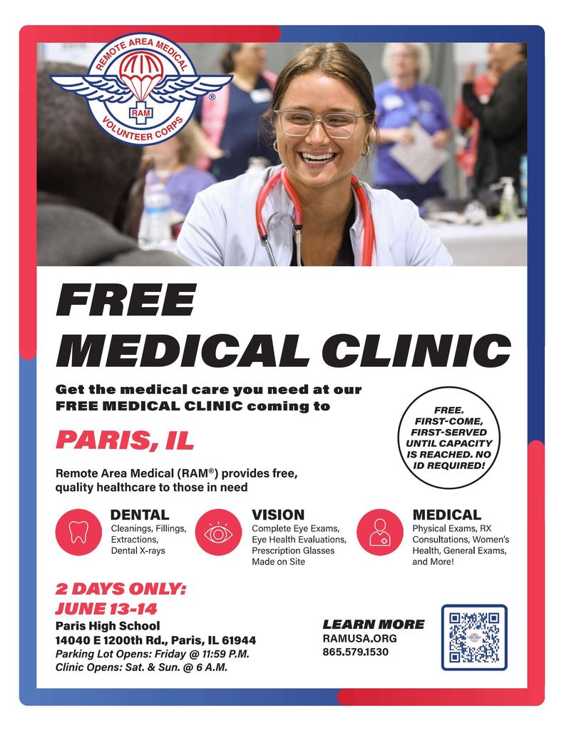 Flyer for Free Medical Clinic in Paris on June 13 and 14, 2026