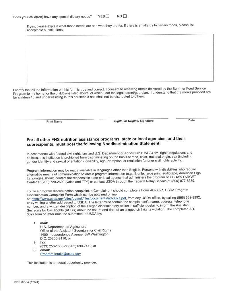 Second page of ISBE home-delivered meal request and consent form