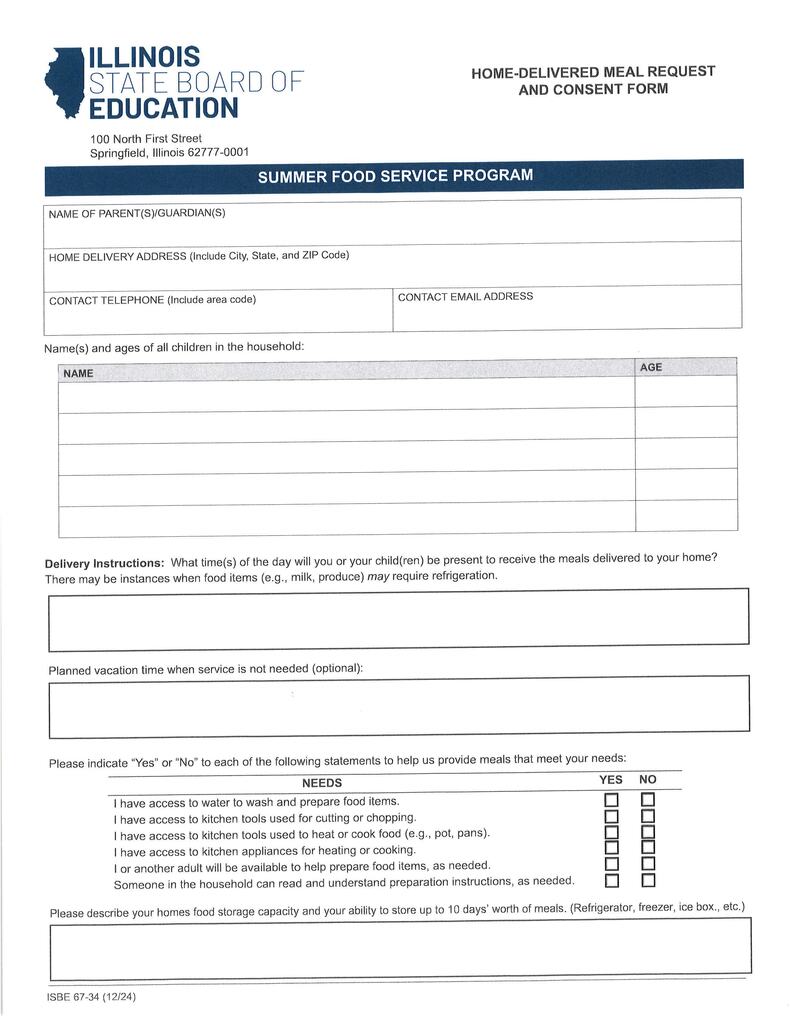 First page of ISBE home-delivered meal request and consent form